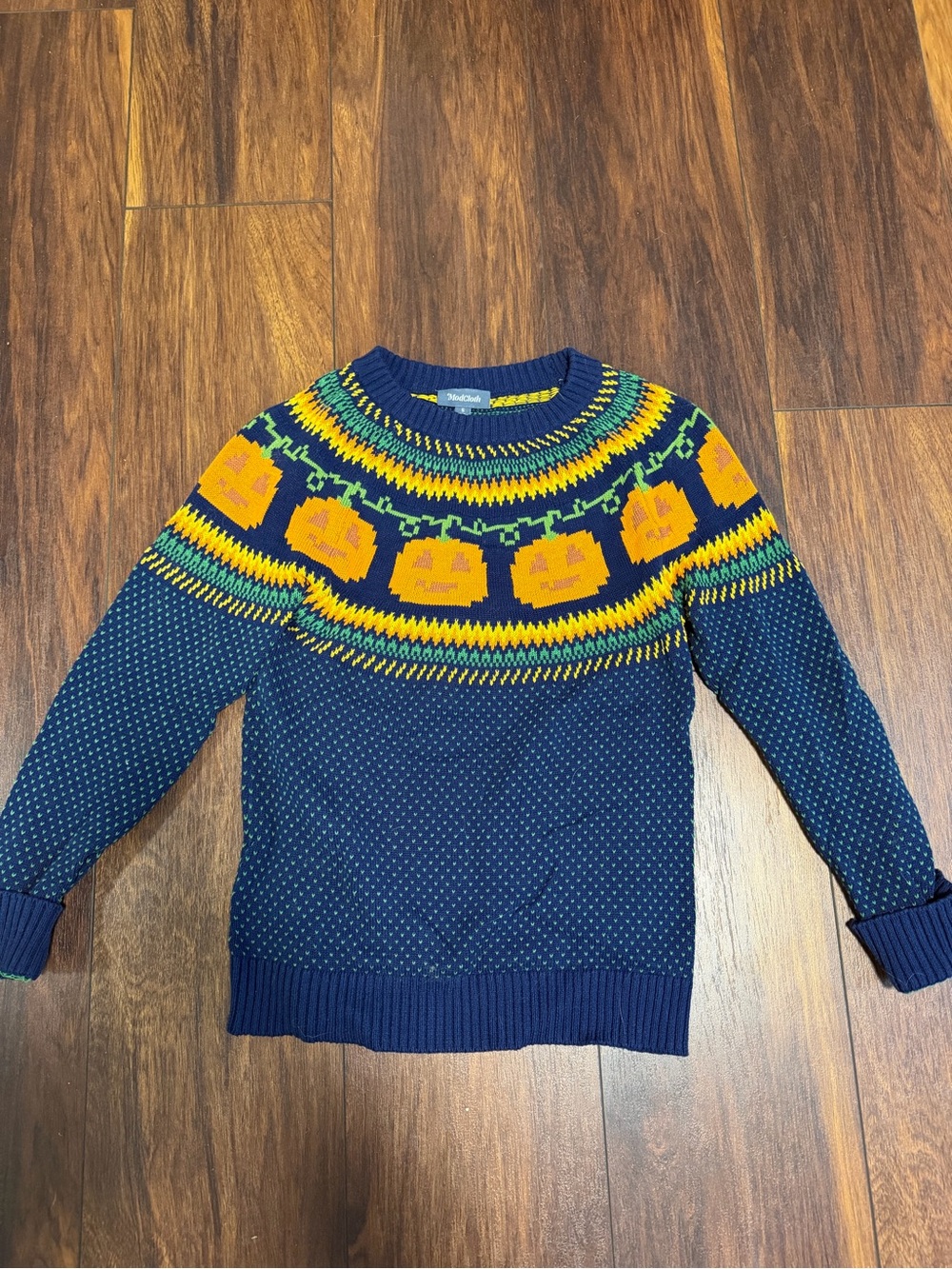 Modcloth Navy Crewneck Sweater with Yellow Pumpkin Fair Isle Yoke